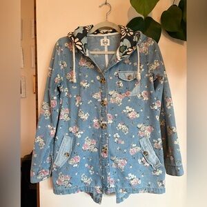 Floral Denim Button Up Jacket with Contrasting Hood